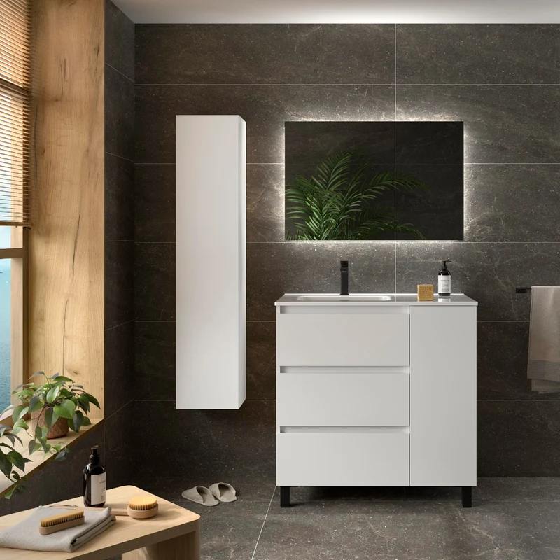 Mueble de baño BEQUIA PLUS de Salgar | 3 Cajones y 1 Puerta con Lavabo Desplazado, 90 cm.