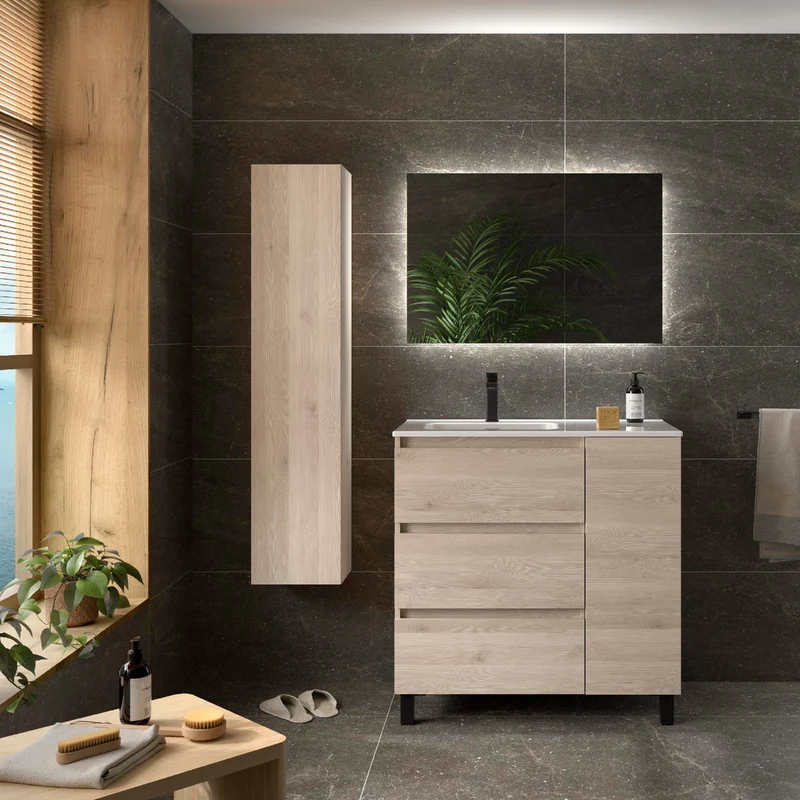 Mueble de baño BEQUIA PLUS de Salgar | 3 Cajones y 1 Puerta con Lavabo Desplazado, 90 cm.
