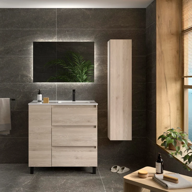 Mueble de baño BEQUIA PLUS de Salgar | 3 Cajones y 1 Puerta con Lavabo Desplazado, 90 cm.