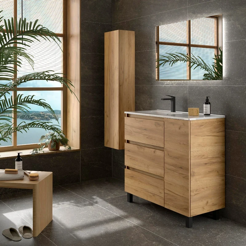 Mueble de baño BEQUIA PLUS de Salgar | 3 Cajones y 1 Puerta con Lavabo Desplazado, 90 cm.