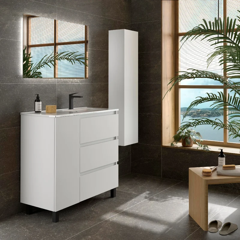 Mueble de baño BEQUIA PLUS de Salgar | 3 Cajones y 1 Puerta con Lavabo Desplazado, 90 cm.