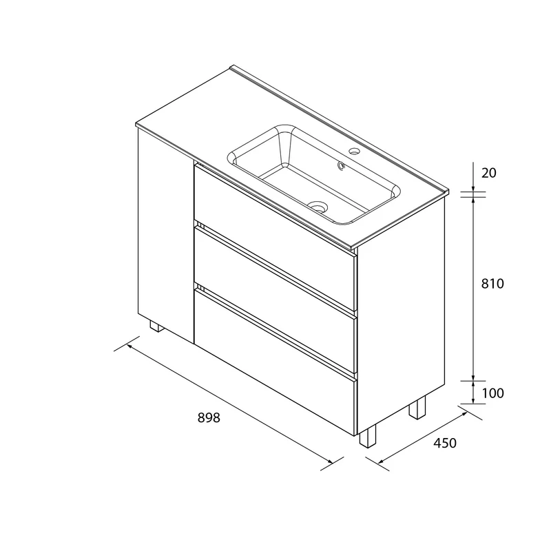 Mueble de baño BEQUIA PLUS de Salgar | 3 Cajones y 1 Puerta con Lavabo Desplazado, 90 cm.