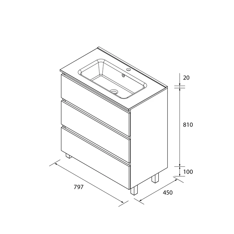Mueble de Baño 3 Cajones BEQUIA de Salgar con Lavabo Centrado | de 60 a 120 cm