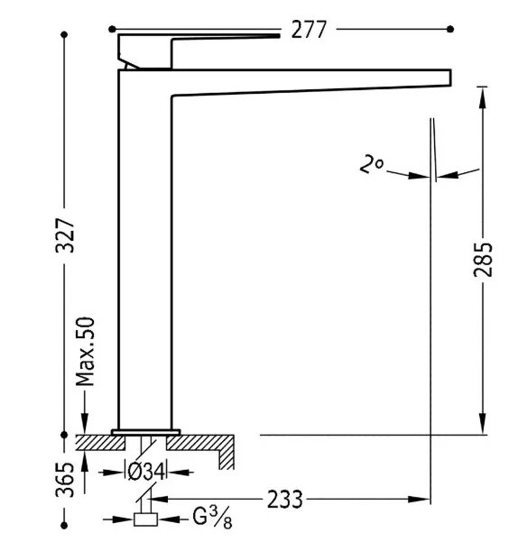 Grifo monomando para lavabo con caño plano en latón acabado oro XXL SLIM TRES