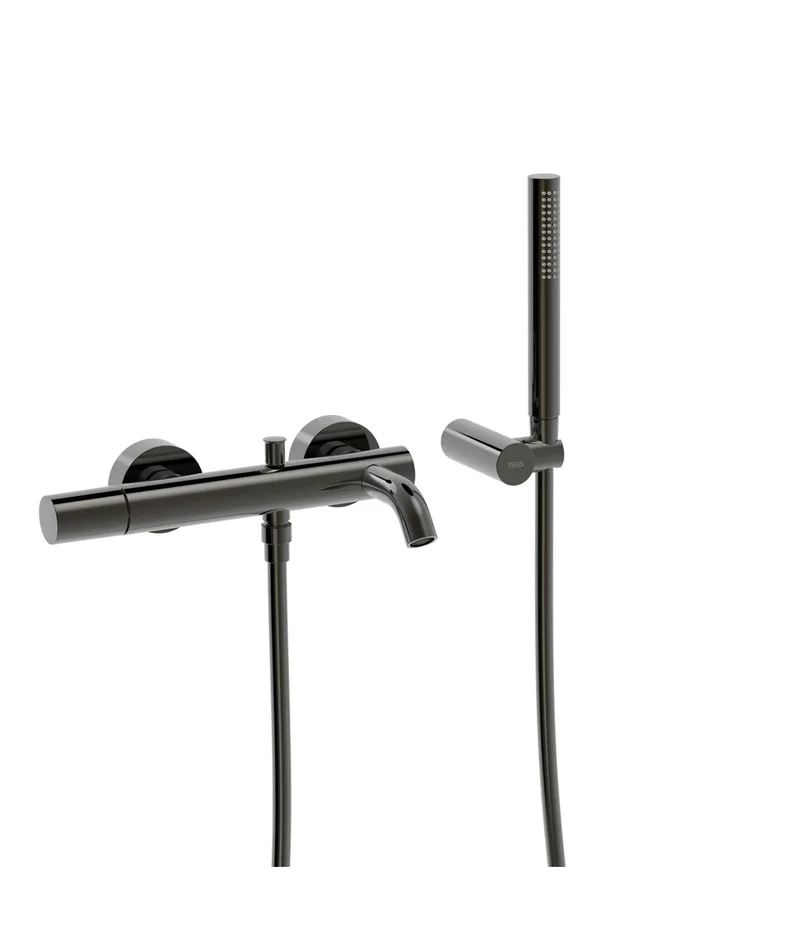 Grifo monomando mural para bañera y ducha con soporte para rociador acabado negro metalizado Study Tres