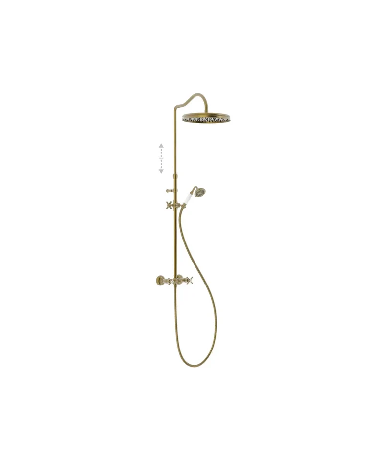 Grifo bimando para ducha con barra telescópica y rociador orientable acabado latón viejo mate Tres Clasic Tres