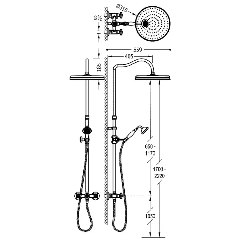 Grifo bimando para ducha con barra telescópica y rociador orientable acabado latón viejo mate Tres Clasic Tres