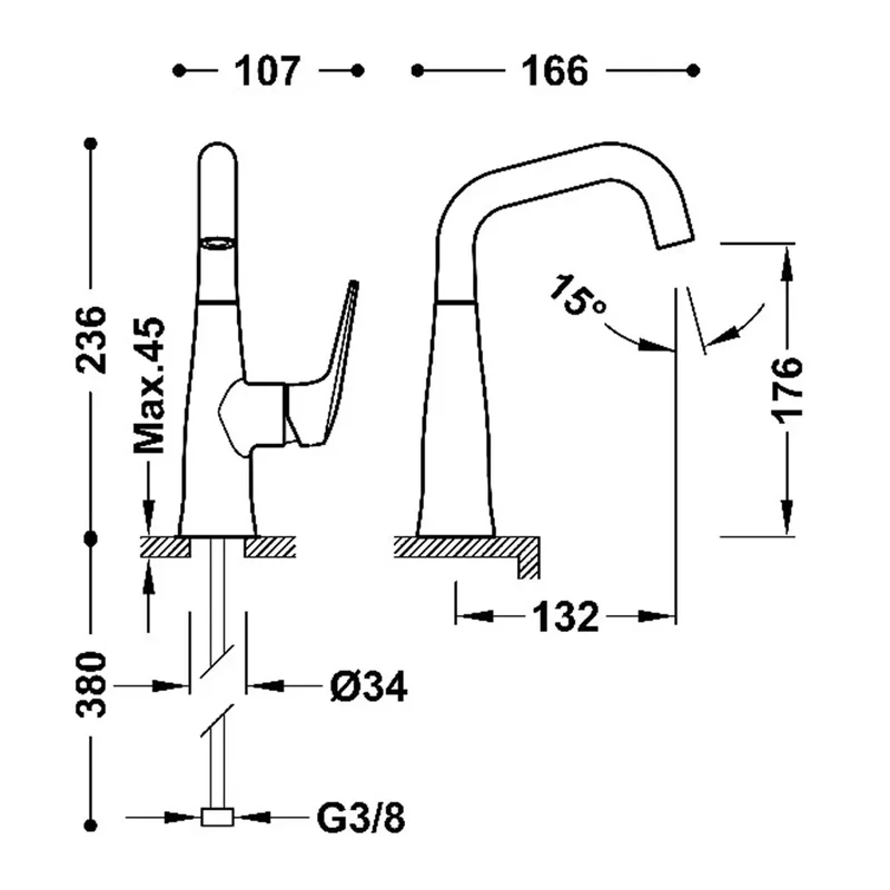 Grifo monomando para lavabo con maneta lateral, ahorro energético y acabado oro rosa mate Fuji Tres