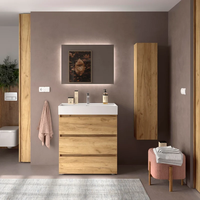 Mueble de baño BEQUIA de Salgar | 3 Cajones con Lavabo Grueso Veneto (de 80 a 120 cm)