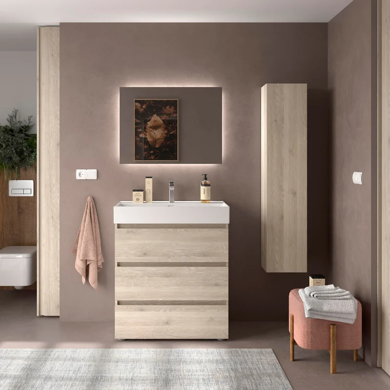 Mueble de baño BEQUIA de Salgar | 3 Cajones con Lavabo Grueso Veneto (de 80 a 120 cm)