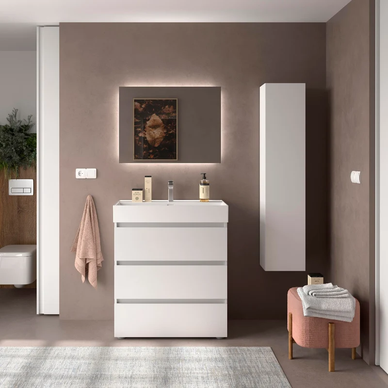Mueble de baño BEQUIA de Salgar | 3 Cajones con Lavabo Grueso Veneto (de 80 a 120 cm)