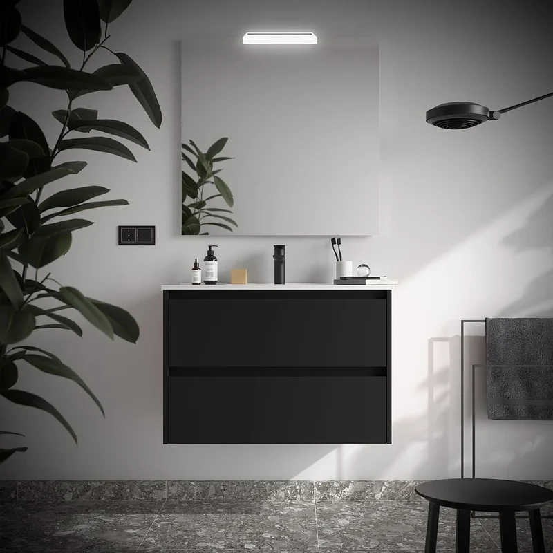 Mueble de Baño con Lavabo y 2 Cajones Salgar Noja 90 cm Negro Satinado