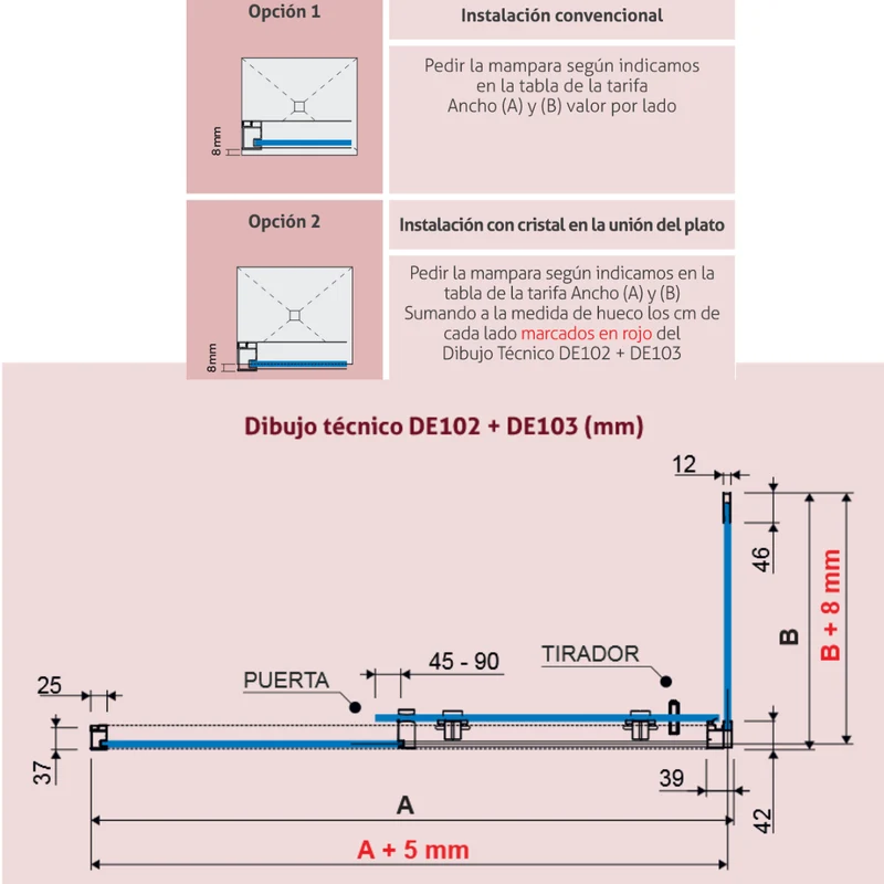 Mampara DELTA DE102, 1 Fijo + 1 Corredera | Opción de Lateral Fijo DE103 | Fácil Montaje