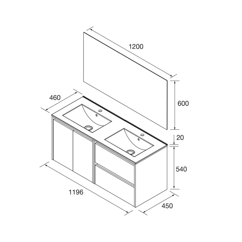 Mueble de baño NOJA 2 Puertas y 2 Cajones + Lavabo + Espejo | Máximo Amacanaje