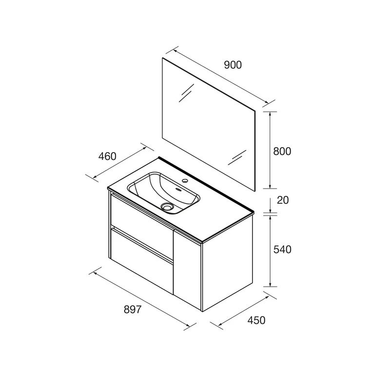 Mueble de Baño NOJA de Salgar, 2 Cajones y 1 Puerta + Lavabo Integrado | 90 cm