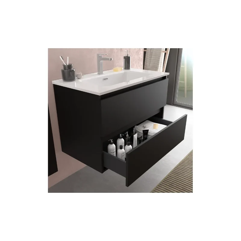 Mueble de Baño Suspendido con Doble Lavabo y 4 Cajones Salgar Bequia Negro Mate