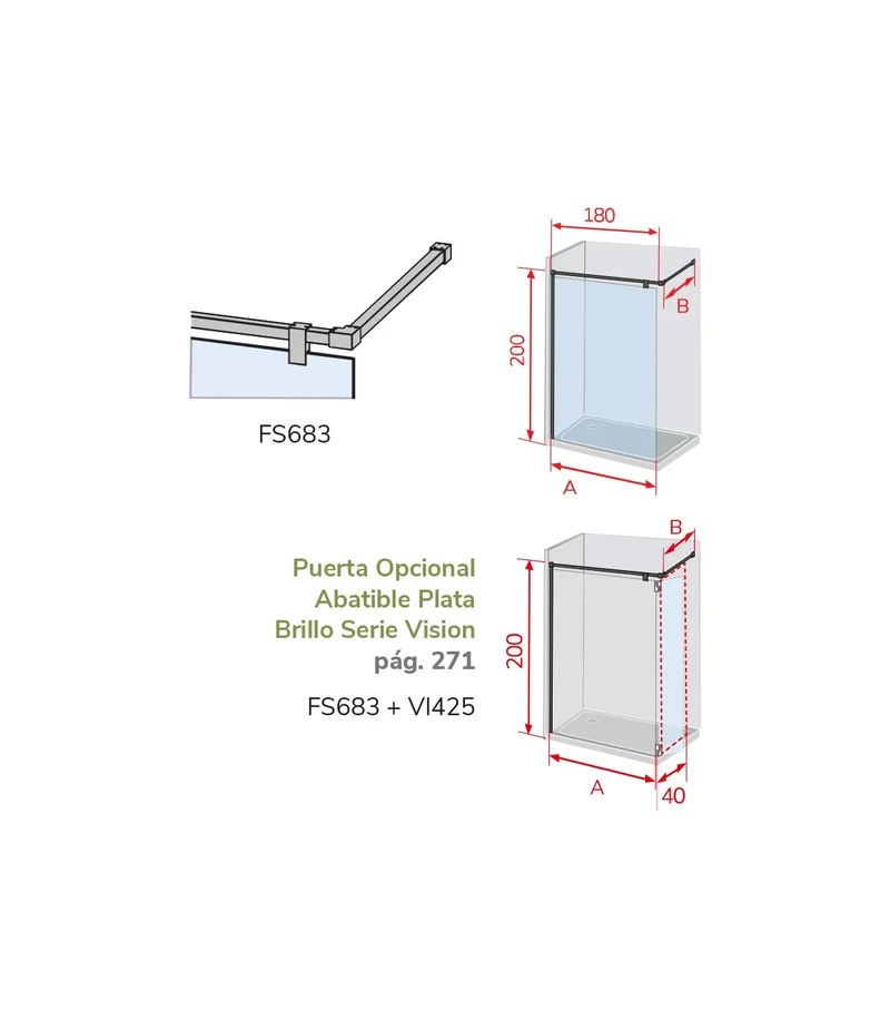 Mampara de Ducha FRESH SALOMON FS683 | Fijo + Barra a 90º en Acero Inox