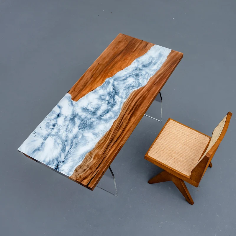 Cascade White Snowflake Natural Wood Epoxy Resin Table for Sale