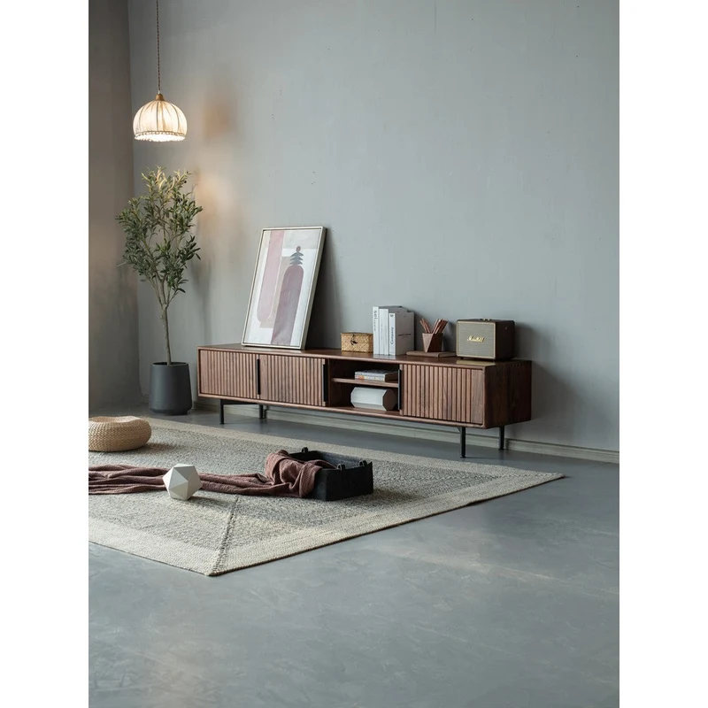 Modern Waveform Panel Black Walnut Wood TV Stand