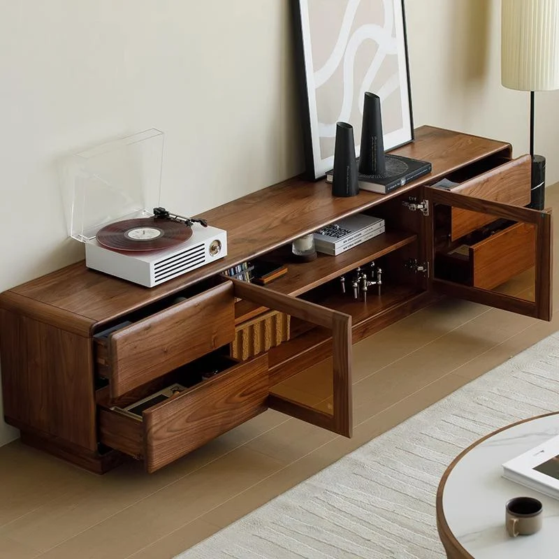 Elegant Walnut Modern TV Stand with Glass Storage Cabinet