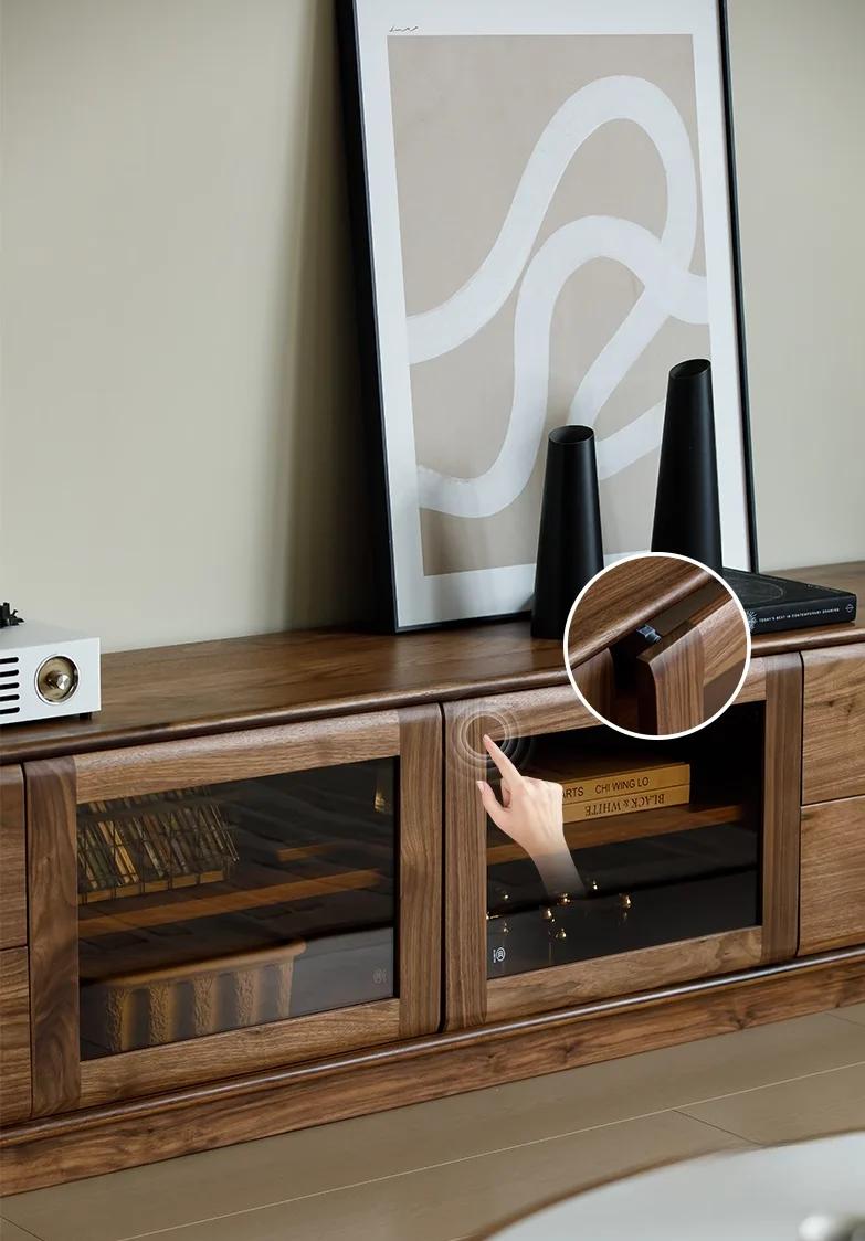 Elegant Walnut Modern TV Stand with Glass Storage Cabinet