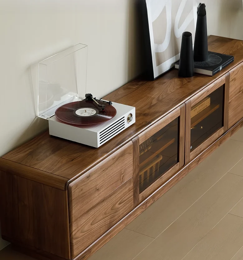 Elegant Walnut Modern TV Stand with Glass Storage Cabinet