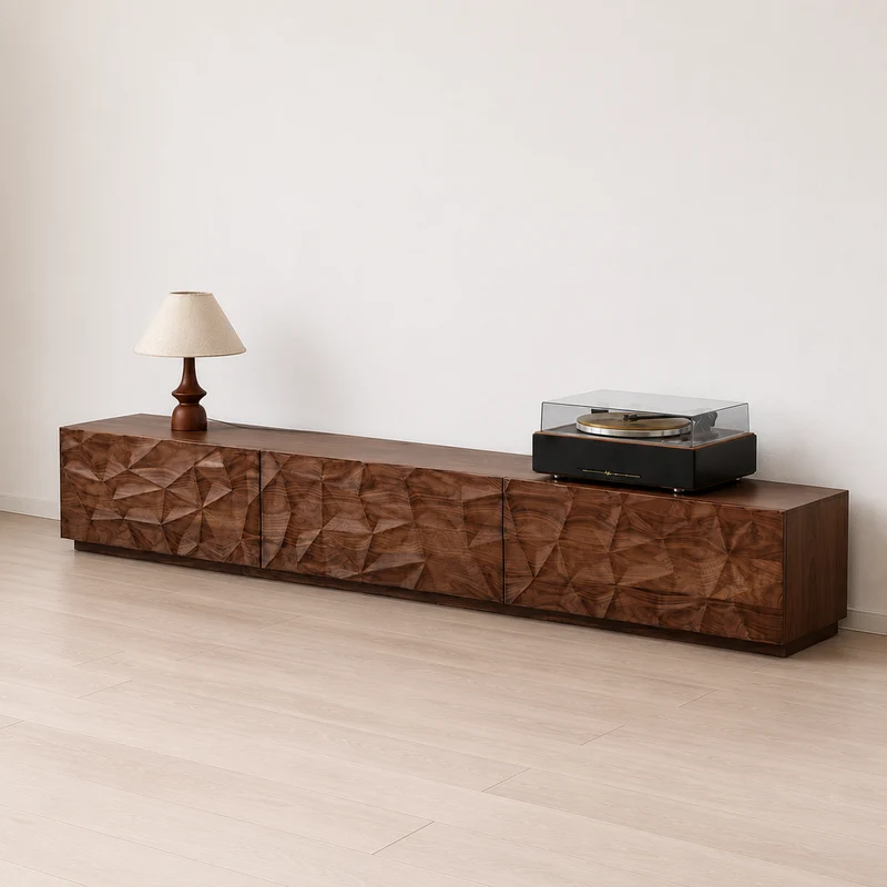 Solid Made Sculpted Walnut Wood TV Console Cabinet