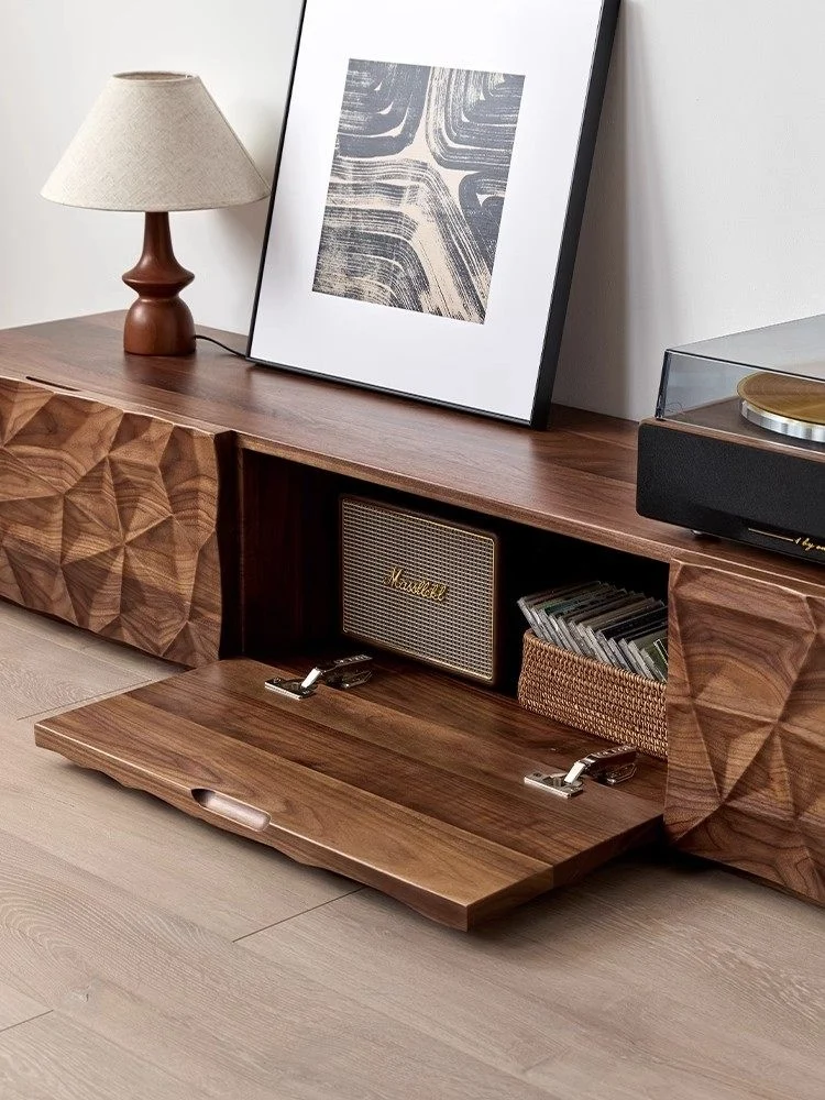Solid Made Sculpted Walnut Wood TV Console Cabinet