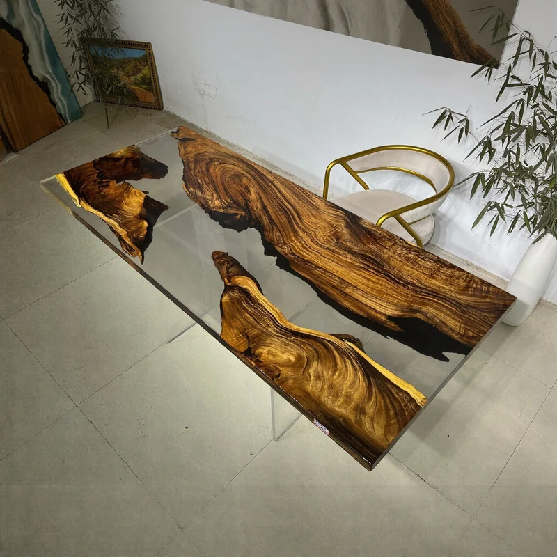 Transparent Solid Wood Epoxy Resin Dining Table