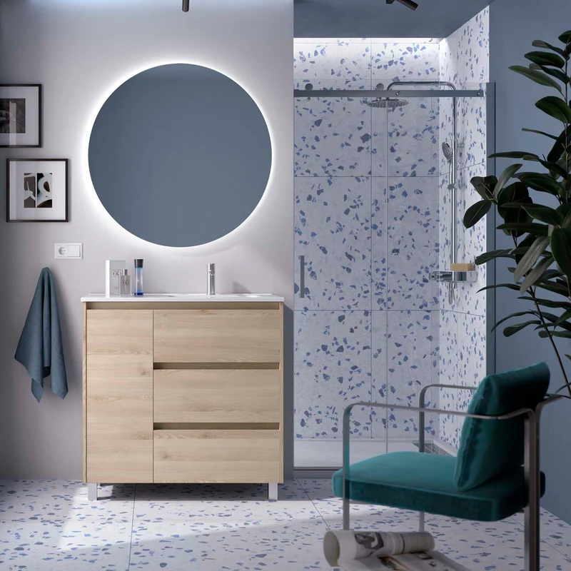 Mueble Baño NOJA 90 cm | 3 Cajones + Puerta con Lavabo Cerámico | 10 Acabados