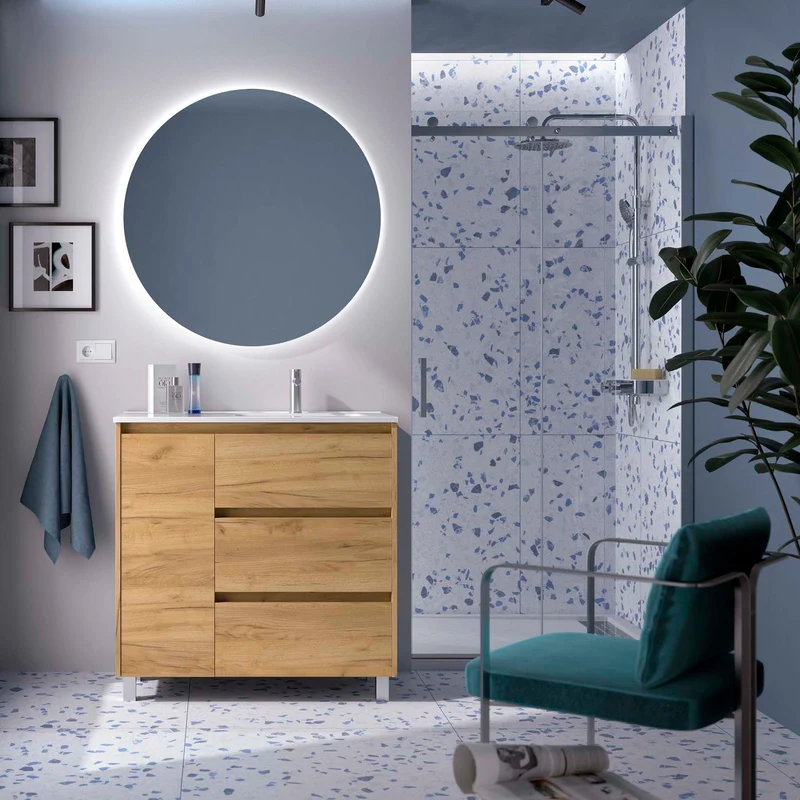 Mueble Baño NOJA 90 cm | 3 Cajones + Puerta con Lavabo Cerámico | 10 Acabados