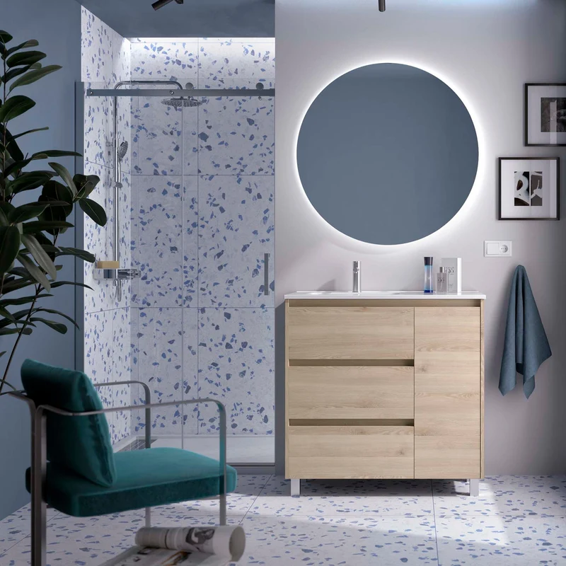 Mueble Baño NOJA 90 cm | 3 Cajones + Puerta con Lavabo Cerámico | 10 Acabados