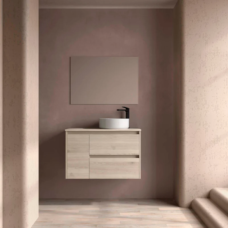 Mueble Baño NOJA 90cm | 2 Cajones + 1 Puerta + Encimera | Almacenaje Híbrido | 10 Acabados Premium