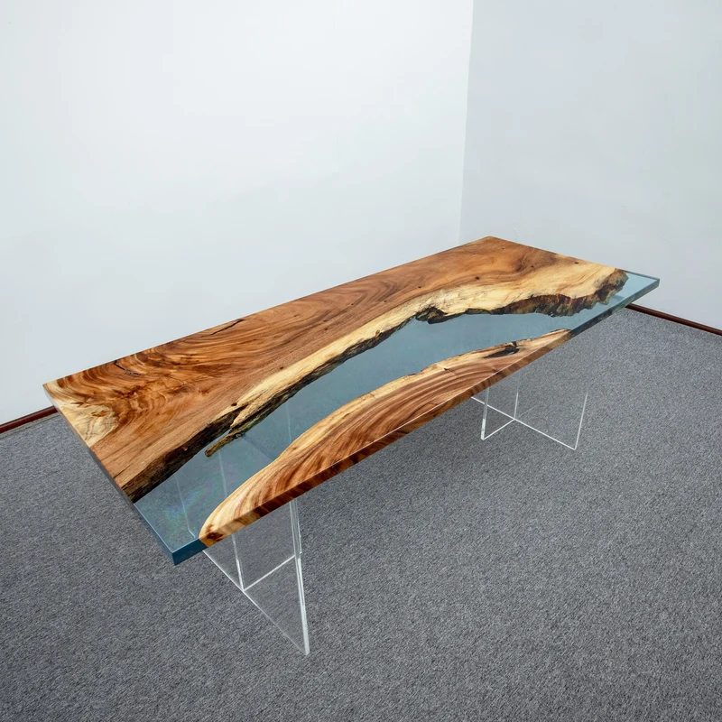 Custom Design Walnut Wood with Blue Epoxy Resin Table