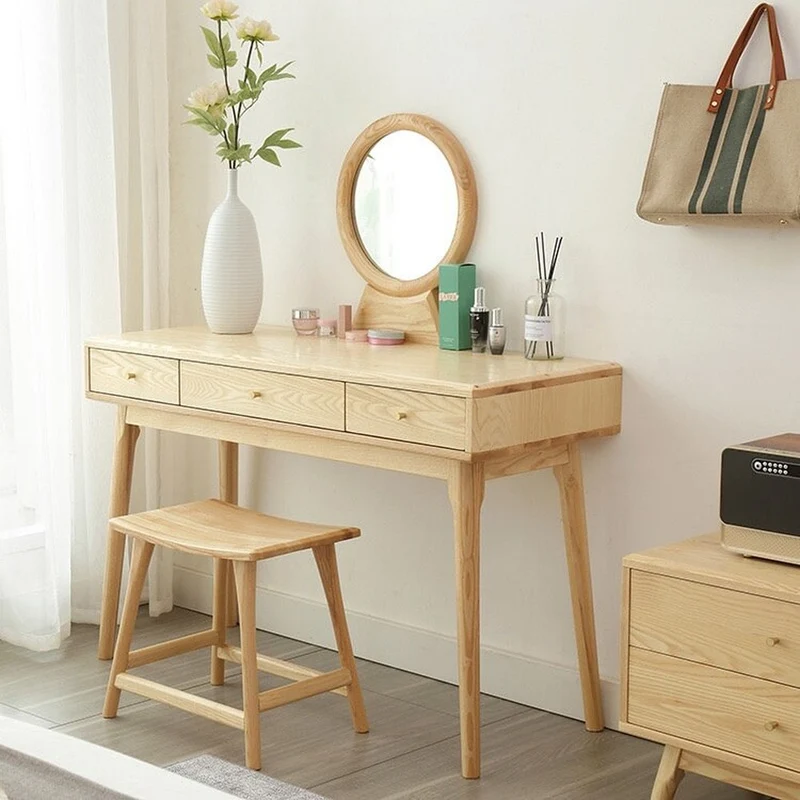 White Ash Wood Makeup Table Vanity with Mirror