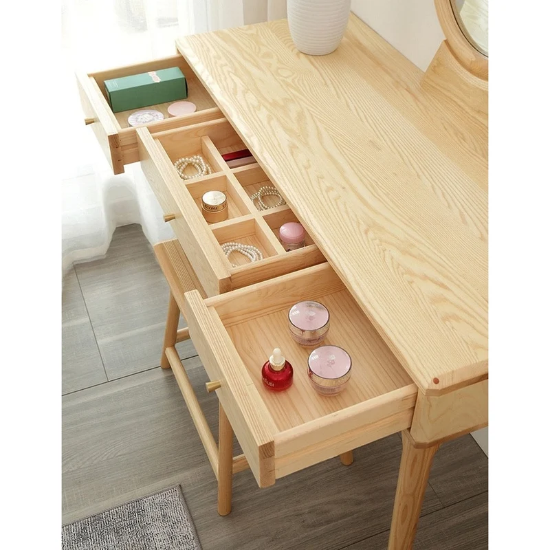 White Ash Wood Makeup Table Vanity with Mirror