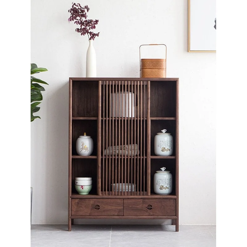 Radiant Japanese Style Solid Walnut Wood Cabinet with One Sliding Door