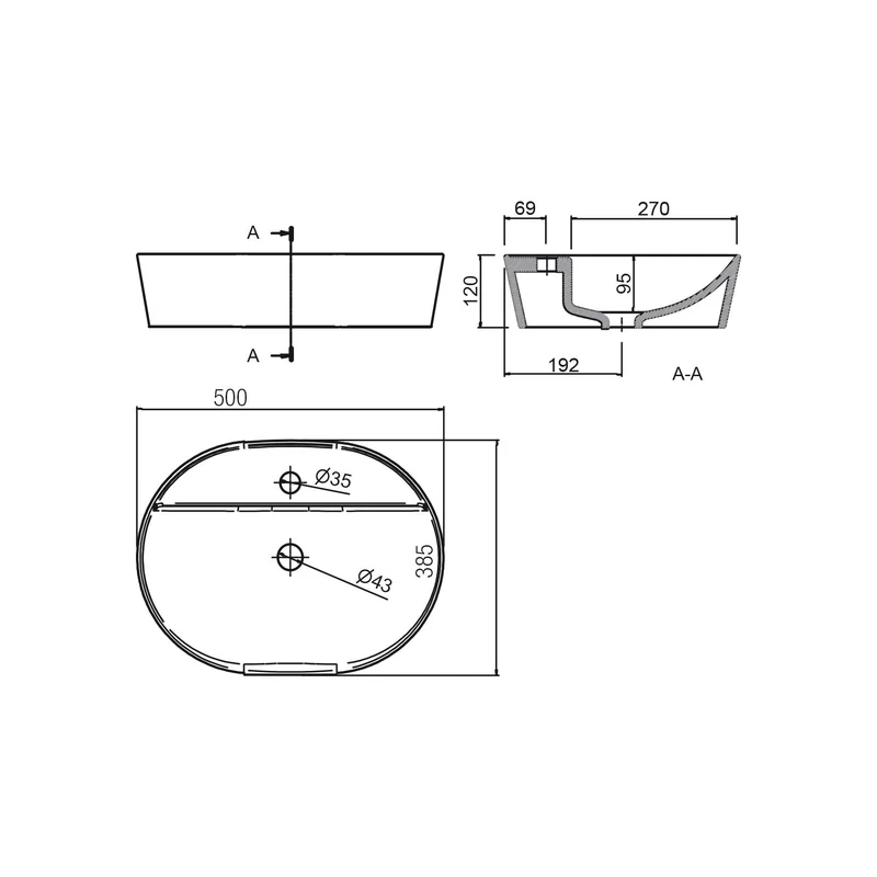 Lavabo de posar VARMEGA 515, Porcelana Blanca 500 x 385 x 120 mm