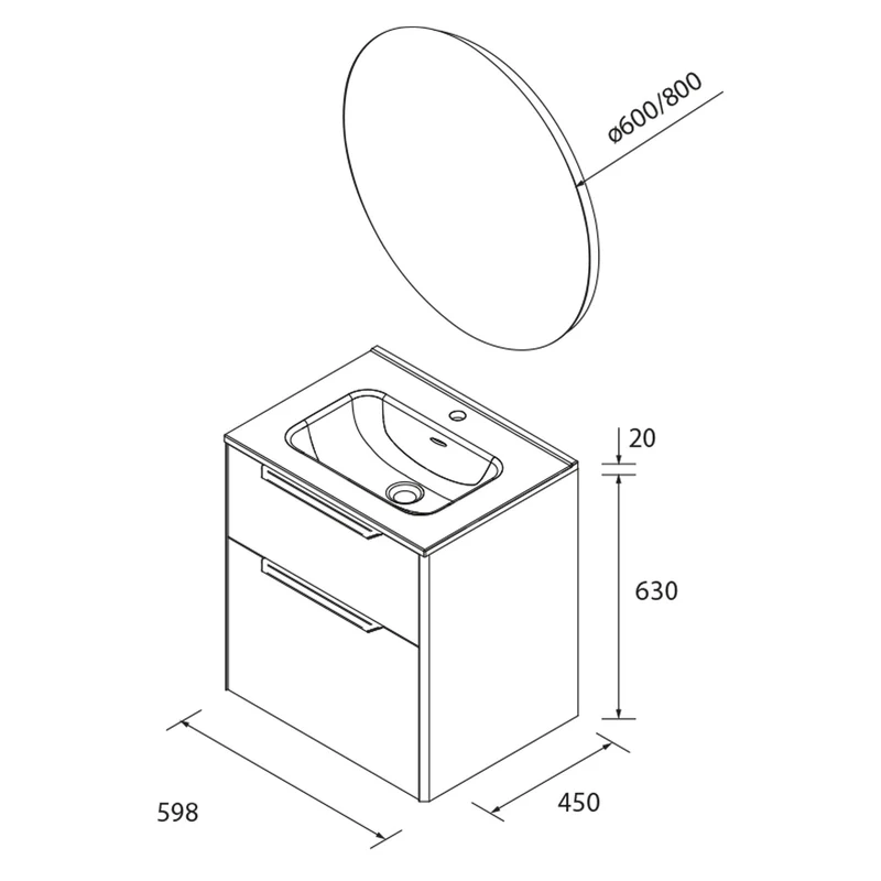 Mueble de baño LUVA 2 Cajones + Lavabo IBON + Espejo NORA | 3 Medidas | Cajón XL