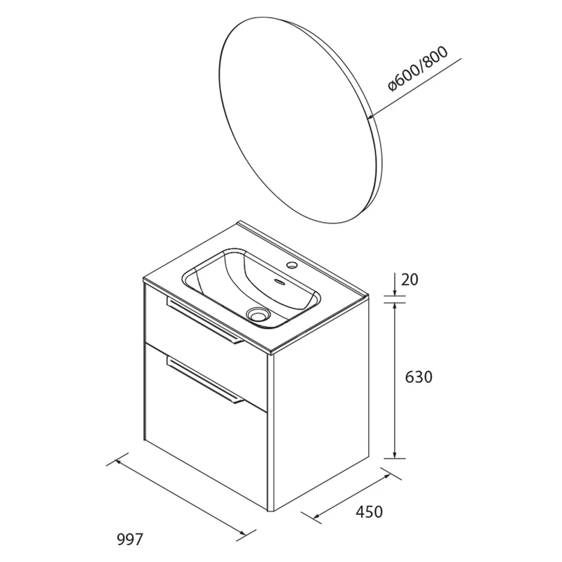 Mueble de baño LUVA 2 Cajones + Lavabo IBON + Espejo NORA | 3 Medidas | Cajón XL