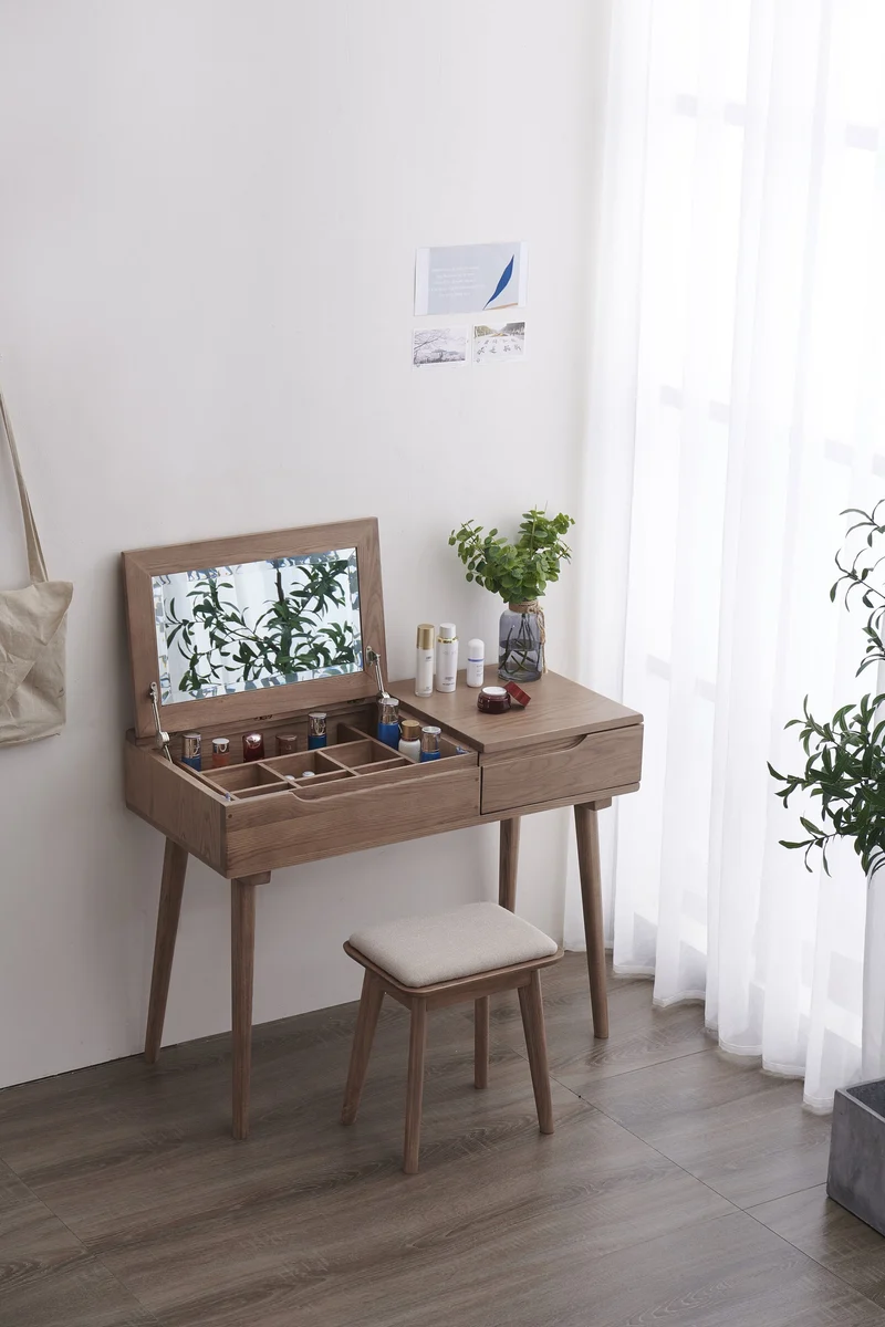 White Ash Wood Dressing Vanity Set Mirror Table