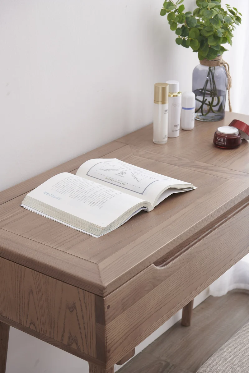 White Ash Wood Dressing Vanity Set Mirror Table