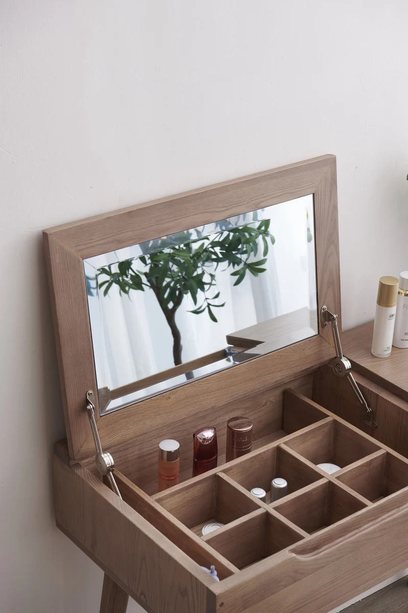 White Ash Wood Dressing Vanity Set Mirror Table