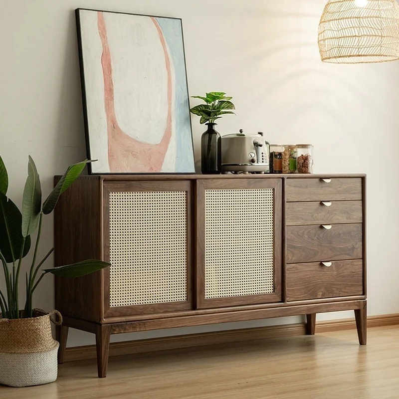 Stellar Japanese Style Solid Walnut Sideboard with Rattan Doors