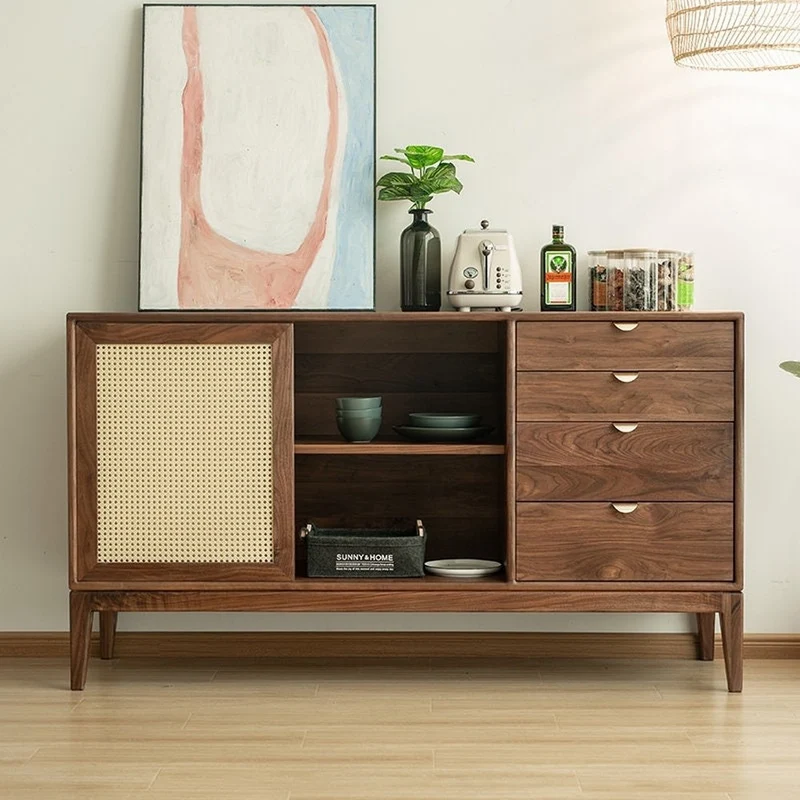Stellar Japanese Style Solid Walnut Sideboard with Rattan Doors