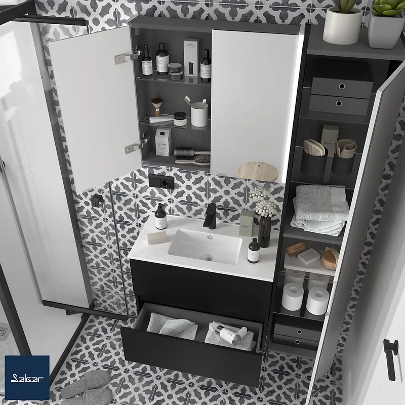 Mueble de Baño Suspendido con Lavabo y 2 Cajones Salgar Fussion Line Negro Mate