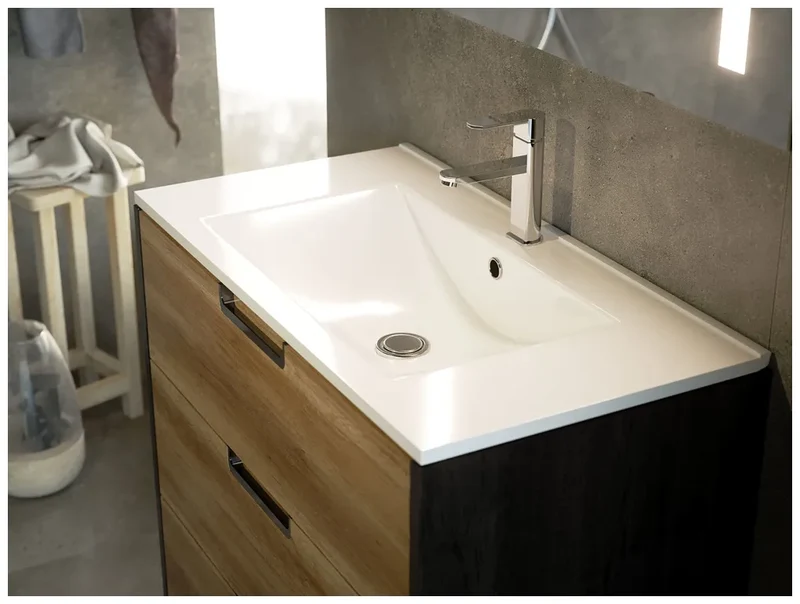 Lavabo blanco integral ceramico con seno central y rebosadero ECO de Aquore