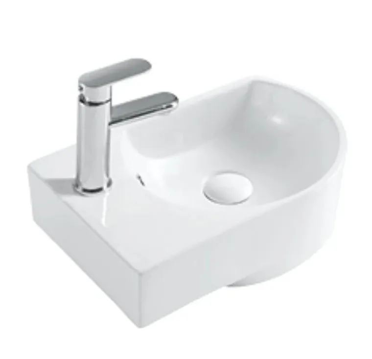 Lavabo suspendido blanco de ceramica con rebosadero y orificio para grifería de fijación a pared Mini 41 L de Aquore