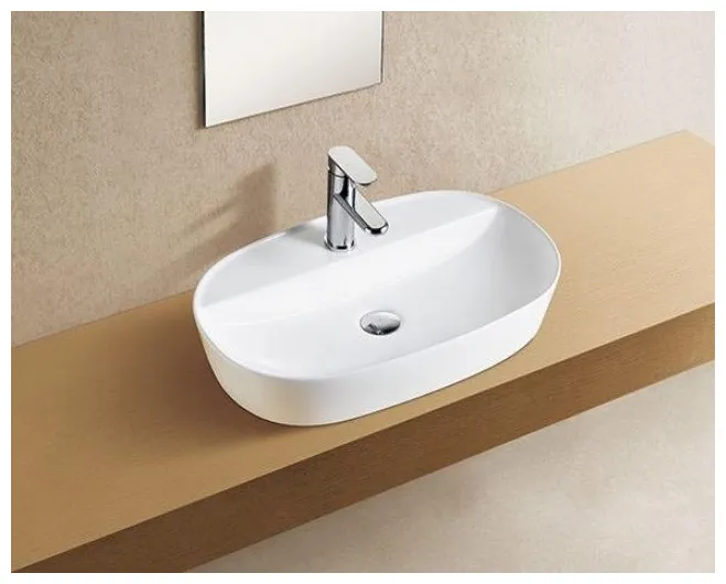 Lavabo sobreencimera blanco de ceramica ovalado con bordes finos y orificio para grifería Evea 61 M de Aquore