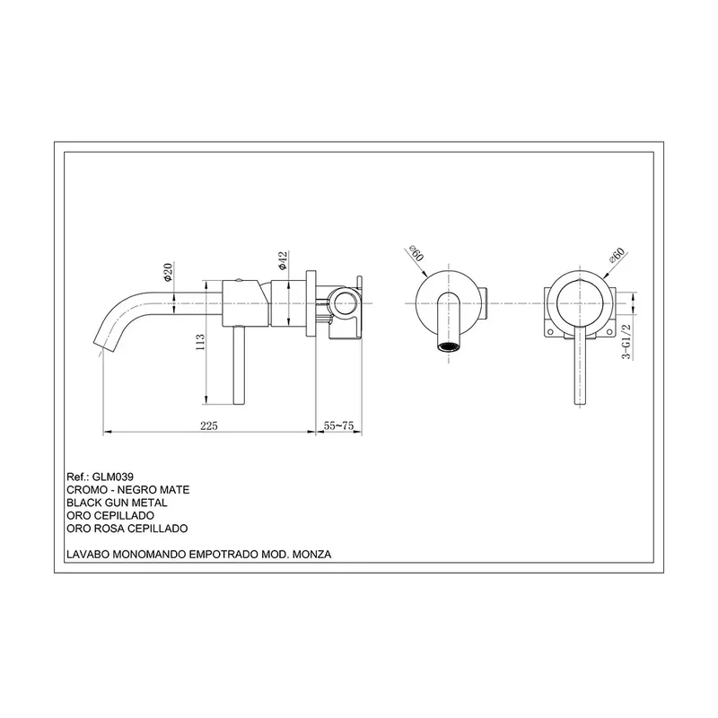 Monomando lavabo empotrado Monza níquel cepillado Imex